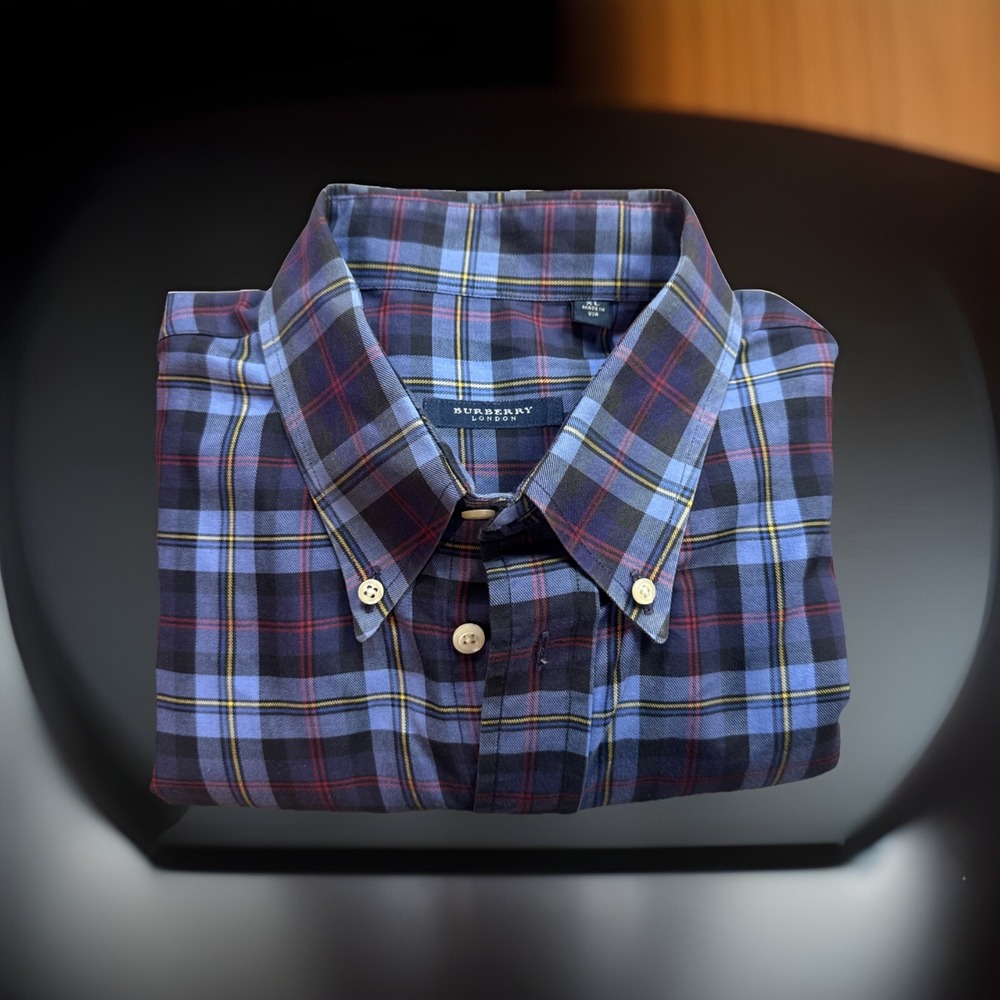 Vintage 1990's Burberry Shirt XL Mens Extra Large Plaid Blue USA Made 90's